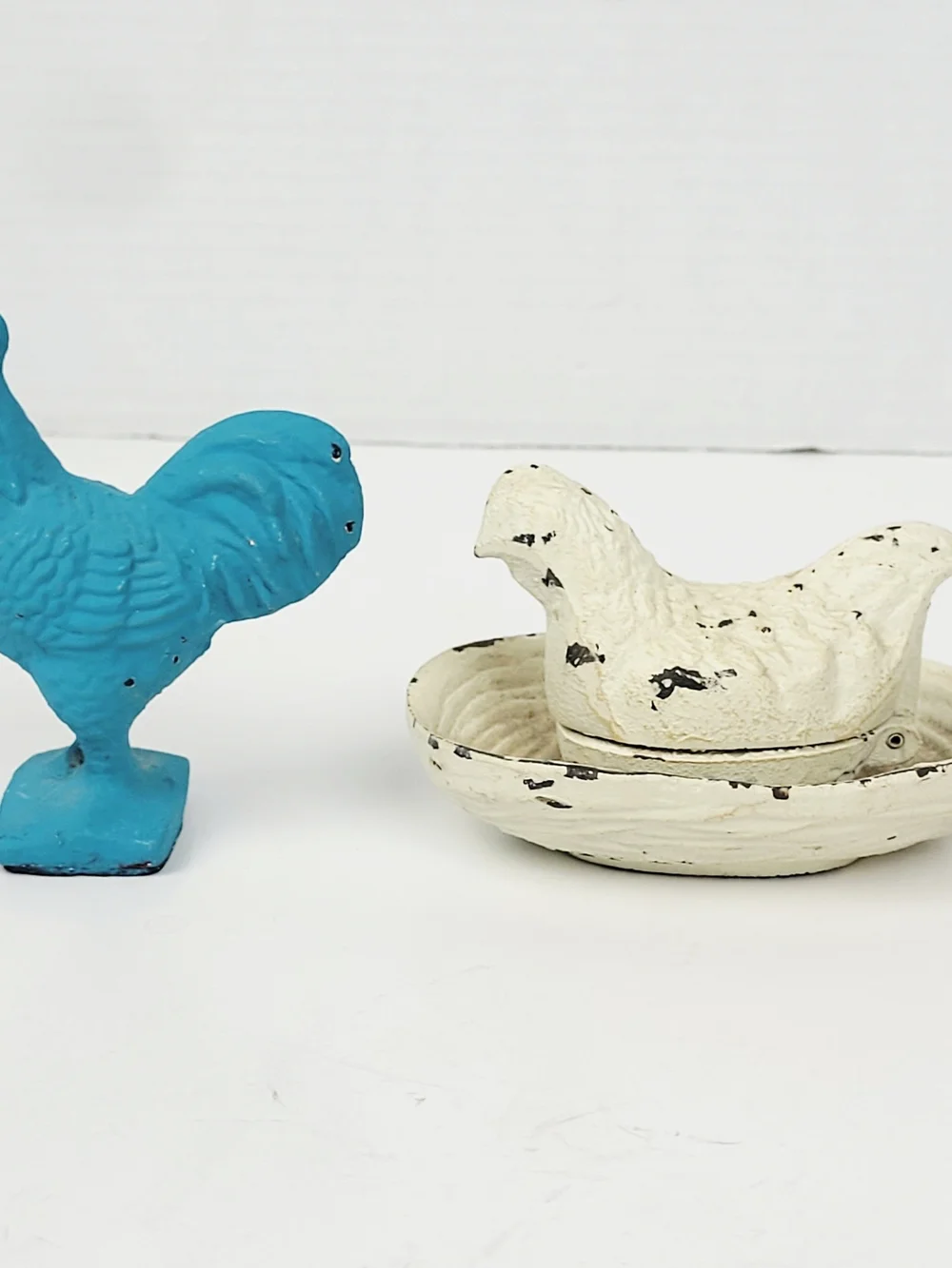 2~Vtg Cast Iron White Chicken/Hen Trinket Box~Blue Rooster~Rustic Farmcore